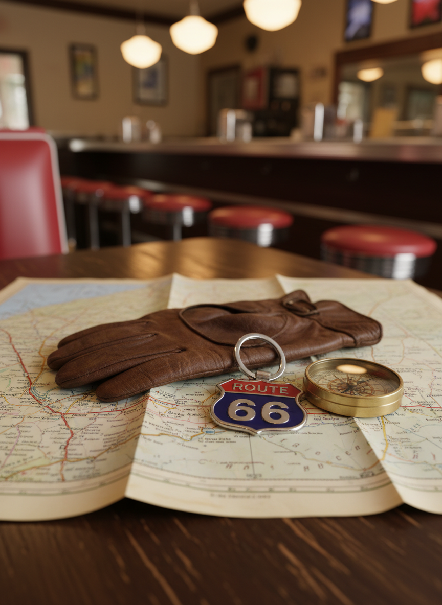 A detailed tabletop map of Route 66 spread across a scarred wooden diner booth table, the paper creased and slightly yellowed at the folds. Resting on the map are a pair of well-worn leather driving gloves, a shiny metal keychain in the shape of a Route 66 shield, and a vintage compass with a glass face catching the light. In the blurred background, a classic chrome-edged diner counter and red vinyl stools hint at the location. Warm overhead pendant lighting casts cozy, inviting reflections on the chrome and keychain. Photographic realism with a shallow depth of field and a slightly elevated angle emphasizes the objects, creating a playful, story-filled planning moment before the next leg of the trip.