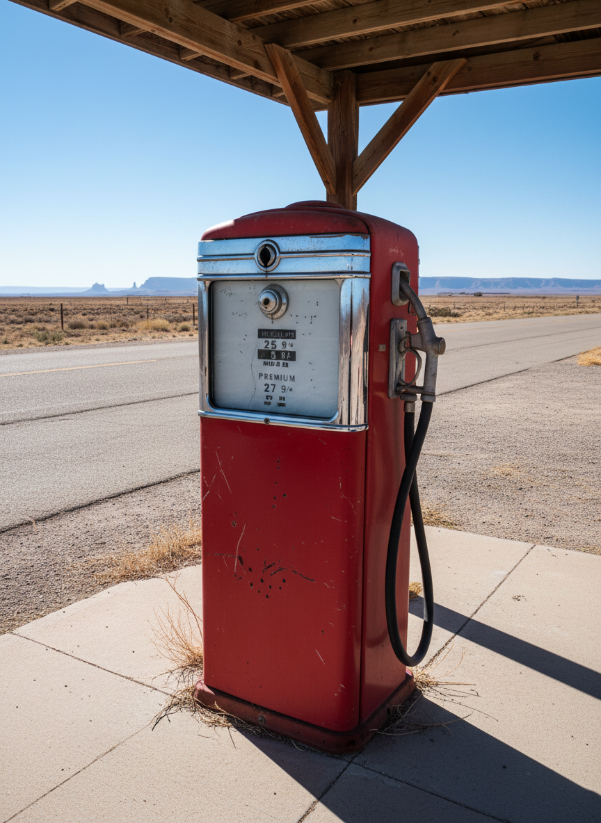 An old chrome-trimmed gas pump painted in worn fire-engine red, its glass display showing vintage fuel prices and tiny scratches across the metal surface. The pump stands under a weathered wooden canopy beside an empty Route 66 stretch, with a cracked concrete pad and scattered tumbleweeds at the edges. Harsh midday desert sunlight creates sharp, crisp shadows and strong highlights on the metal, emphasizing every dent and imperfection. Photographic realism, shot from a slightly low angle so the pump feels iconic and larger than life, with a wide depth of field capturing the distant mesas and endless blue sky for a playful, cinematic road-trip feel.