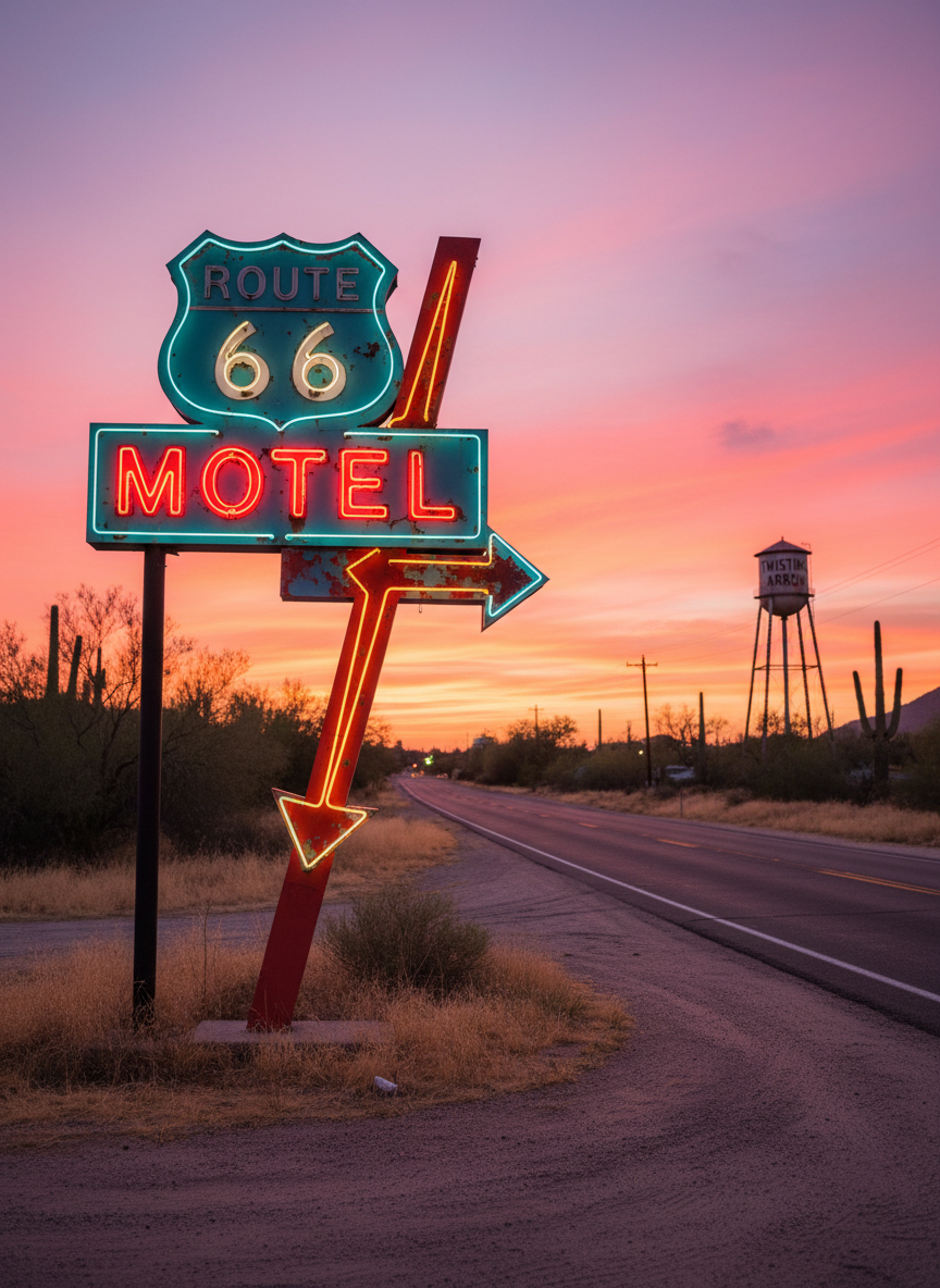 A classic, slightly sun-faded Route 66 roadside motel sign in bright turquoise and cherry red metal, featuring neon tubing and an arrow pointing toward an unseen parking lot. The sign stands beside a two-lane highway framed by dry grass, scattered cacti, and a distant water tower. Soft dusk light with a vibrant pink and orange sunset sky creates a warm, playful atmosphere, while the neon glows to life, casting gentle halos of color on the metal surface. Photographic realism, shot at eye level with the sign placed on the rule of thirds, background softly out of focus to emphasize the sign’s retro charm.
