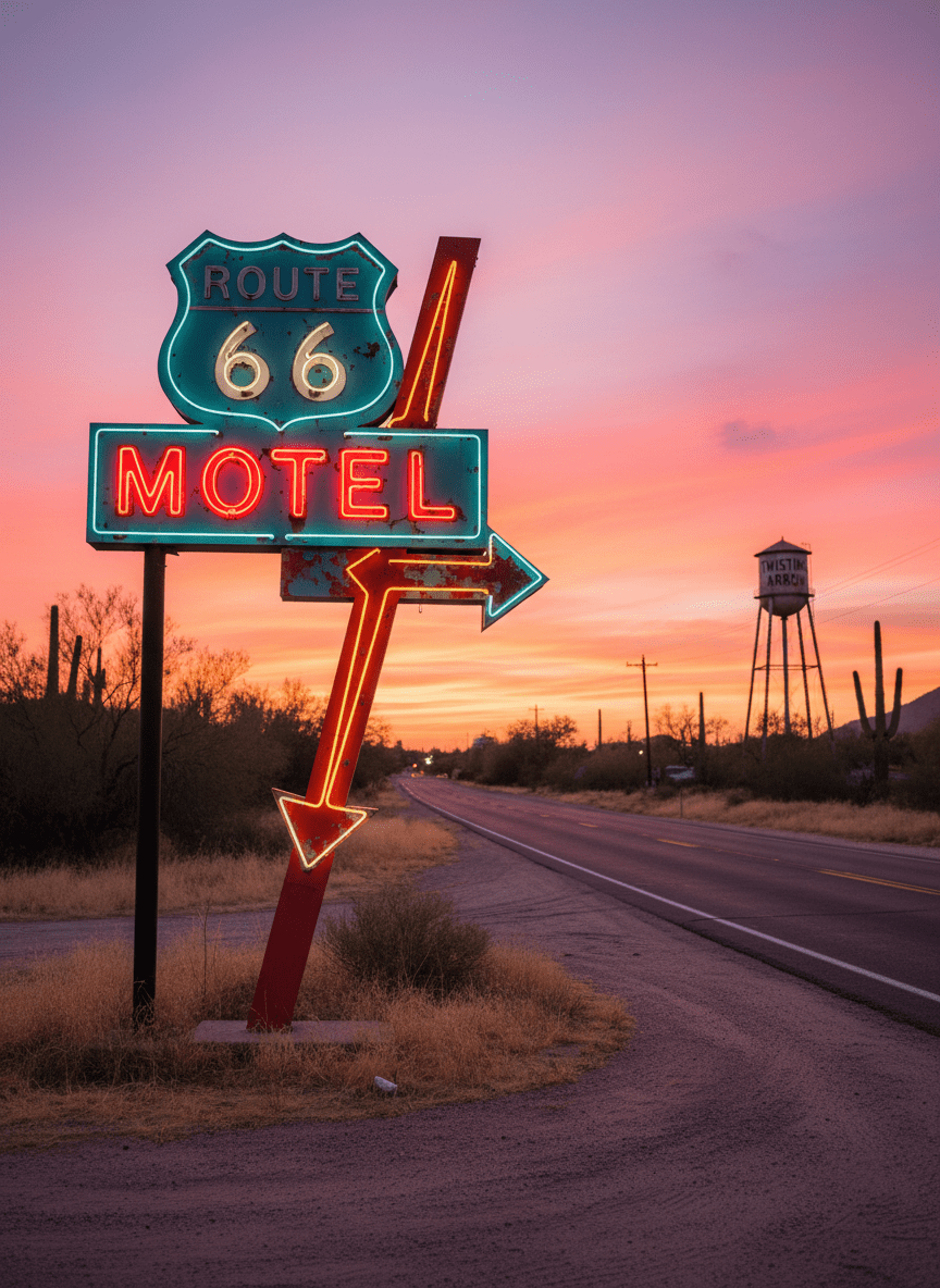 A classic, slightly sun-faded Route 66 roadside motel sign in bright turquoise and cherry red metal, featuring neon tubing and an arrow pointing toward an unseen parking lot. The sign stands beside a two-lane highway framed by dry grass, scattered cacti, and a distant water tower. Soft dusk light with a vibrant pink and orange sunset sky creates a warm, playful atmosphere, while the neon glows to life, casting gentle halos of color on the metal surface. Photographic realism, shot at eye level with the sign placed on the rule of thirds, background softly out of focus to emphasize the sign’s retro charm.
